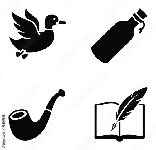 Collection of Four Black and White Duck, Bottle, Pipe, and Quill Pen on Book