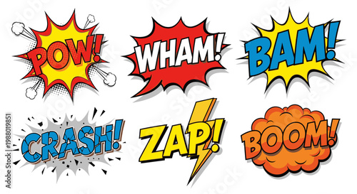 Collection of colorful comic book speech bubbles and sound effects