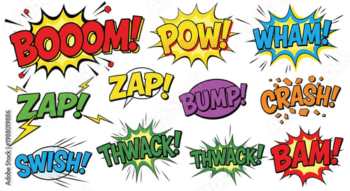 Collection of colorful comic book speech bubbles with sound effects