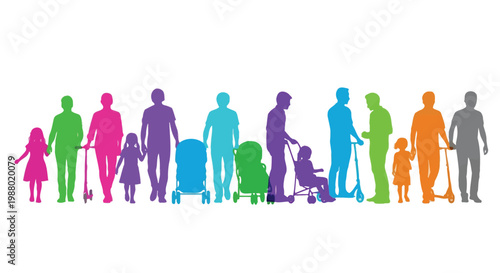 Colorful vector illustration of diverse people and families in various activities