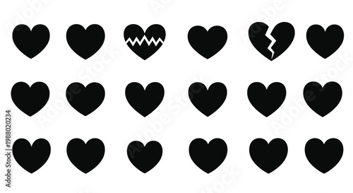 Black heart shapes in various forms on white background vector graphic illustration design