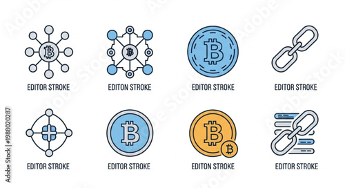 Bitcoin Cryptocurrency Blockchain Technology Icons Set.