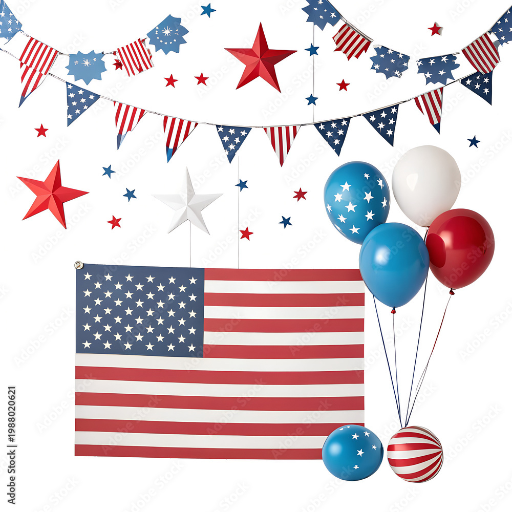 Obraz premium Patriotic American Flag Decorations with Red, White, and Blue Balloons and Stars for Independence Day Celebrations on transparent background