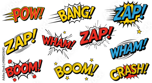 Collection of pop art comic explosion sound effect speech bubbles