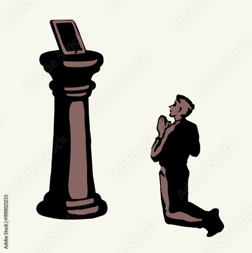 Vector drawing. Adult man worshiping Phone