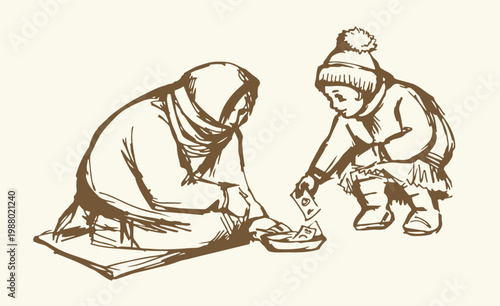 Vector Drawing. Girl Giving Alms to a Beggar