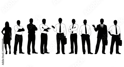 A group of business professionals standing in a line, depicted in a flat, minimalist vector graphic design