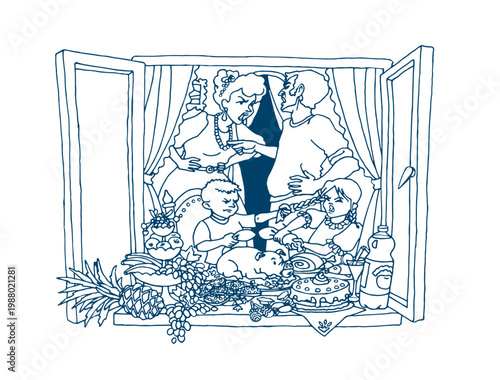 Vector drawing. Unhappy family at home