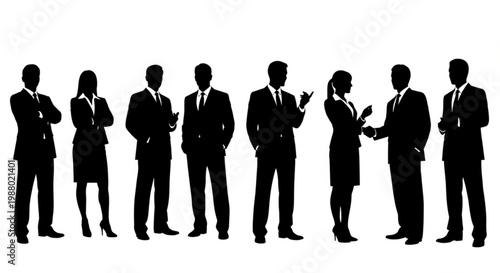 A group of business professionals in silhouette standing in a line against a white background