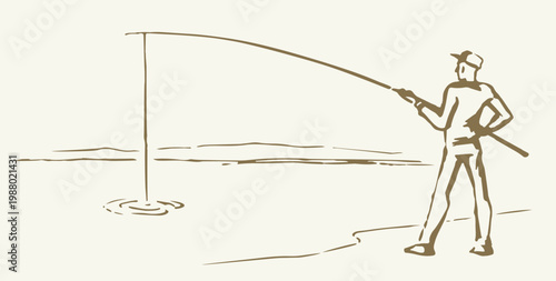 Vector drawing. Man catching fish