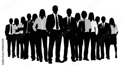 A group of business professionals standing together in a line as a vector silhouette illustration