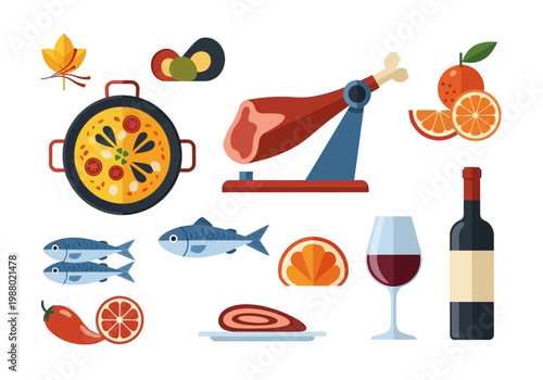 Spanish Food and Gastronomy Icons Set: Flat Design Vector Illustration of Paella, Jamon Iberico, Wine, and Mediterranean Seafood