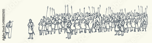 Vector drawing. Many strong soldiers