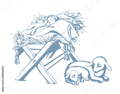 Vector drawing. Baby in a manger