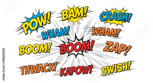 Colorful comic book action sound effects on white background