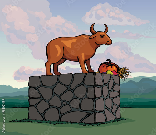 Vector drawing. Big golden idol