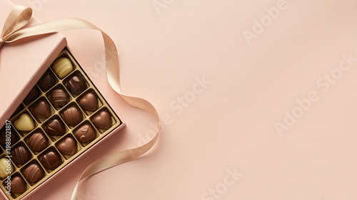 Open Chocolate Gift Box with Heart Shaped Candies on Blush Pink Background with Wide Copy Space for Mother’s Day