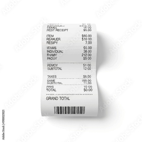 A printed paper financial receipt displaying various costs and prices for commercial transactions representing consumer spending habits and business accounting practices for tax record keeping