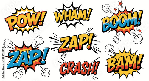 Colorful comic book action sound effects on white background