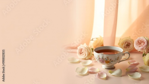 Elegant Tea Cup with Scattered Rose Petals on Soft Peach Background with Generous Copy Space for Mother’s Day Message