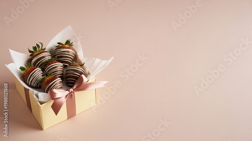 Chocolate Covered Strawberries in Gift Box on Soft Beige Background with Wide Empty Space for Mother’s Day Message
