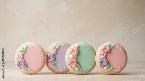 Floral Decorated Sugar Cookies on Cream Background with Wide Empty Space for Mother’s Day Greeting Design


