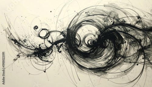 Swirling black ink abstract artwork against a creamy white background
