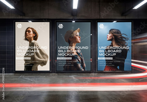 Three Billboard Screens In Dark Subway Underground Mockup