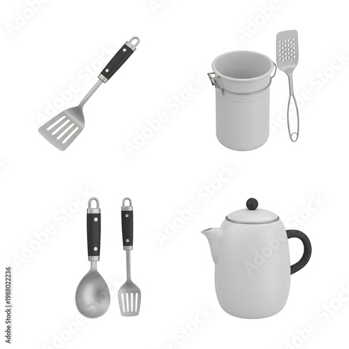 Kitchen utensils set on white background for cooking and food preparation.