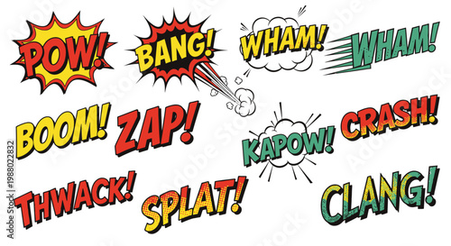 Colorful comic book onomatopoeia sound effect bubbles set on white