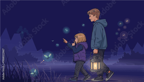 Children Exploring Night Environment with Lanterns and Fireflies, Magical Adventure Vector Illustration
Kids Walking at Night with Lantern Light and Fireflies, Storytelling Fantasy