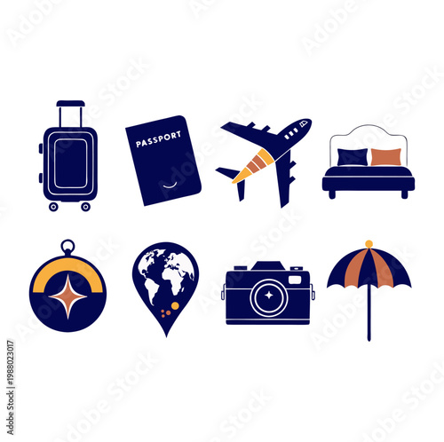 Elegant Navy Travel Icon Set - Minimalist Tourism Symbols A set of professional flat icons for travel and tourism, featuring a suitcase, passport, airplane, bed, compass, world map pin, camera, and be