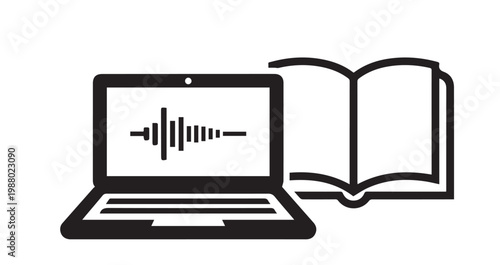 Laptop with audio wave and book for audiobook and online learning