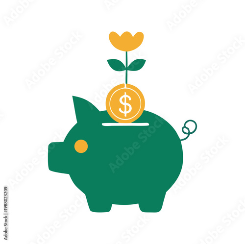 Financial Growth and Sustainable Investment Concept A green piggy bank with a coin and a growing flower, representing ESG investing, money savings, and eco-friendly financial planning.