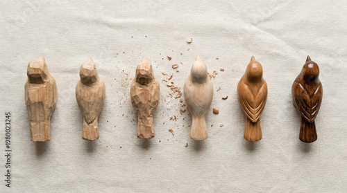 Wooden bird carving process from raw block to polished figurine sequence