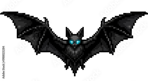 Pixel Art Bat with Glowing Blue Eyes Flying.