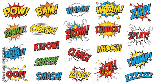 Colorful comic book onomatopoeia sound effects and action speech bubbles