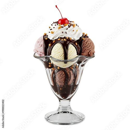 Delicious ice cream sundae with chocolate sauce and whipped cream