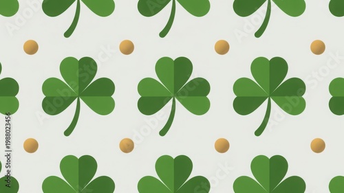 St. Patrick's Day shamrock pattern, green clover leaf seamless background, Irish holiday festive wallpaper with gold dots