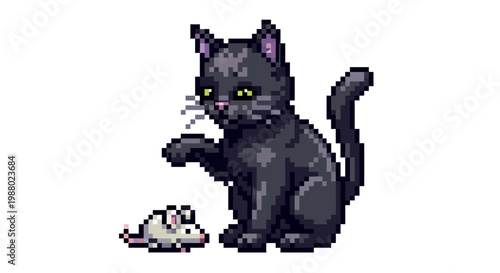 Pixel Art Black Cat Playing with Toy Mouse.