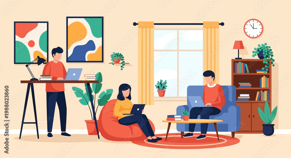 Fototapeta premium People working remotely in a cozy home office setting.