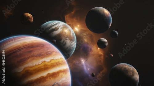 Cinematic deep space galaxy with multiple planets and glowing nebula, cosmic planetary system in outer space, dramatic celestial landscape background