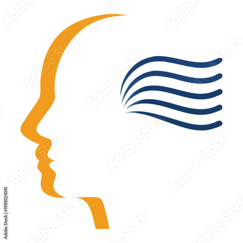 Profile silhouette of human head in orange with blue waves emanating symbolizing thoughts ideas or creative inspiration.