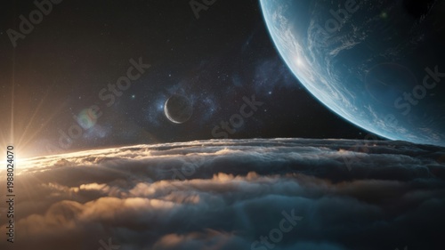 Cinematic space landscape with glowing sunrise over planet atmosphere, alien world orbit with blue moon and distant stars, cosmic galaxy background