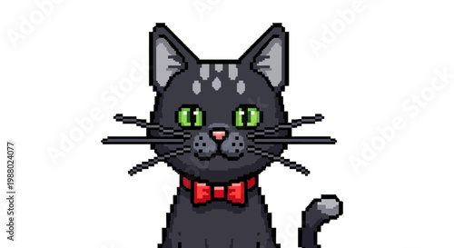Pixel Art Black Cat Wearing Red Bow Tie.