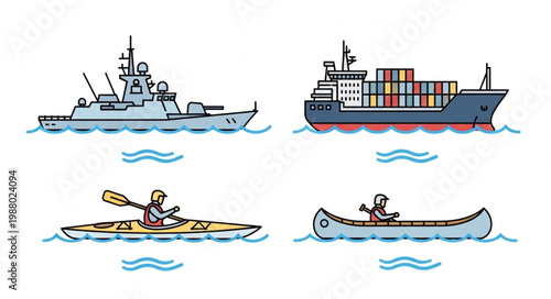 Collection of four different watercraft including a warship cargo ship kayak and canoe.