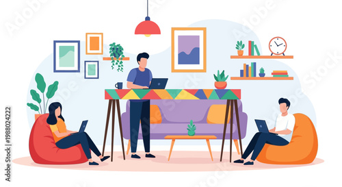 People working on laptops in a cozy home office setting.