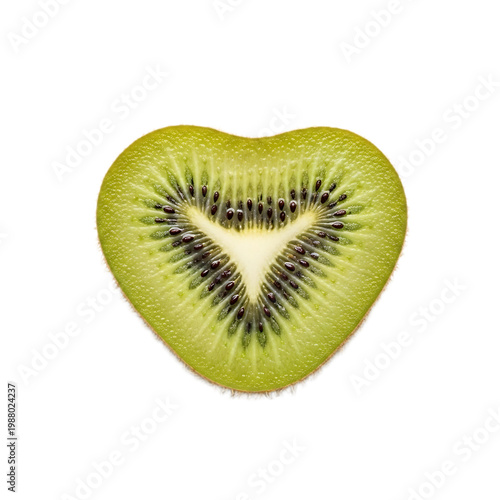 Fresh green kiwi fruit half cut showing black seeds on white background