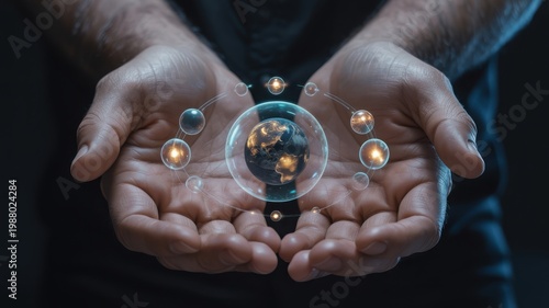 Futuristic digital earth hologram in cupped hands, glowing global network and planetary spheres, conceptual technology and environmental protection