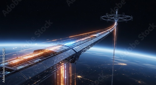 Futuristic space elevator connecting Earth and station